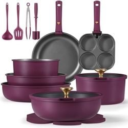 AROTE 21pcs Pots and Pans Set, Nonstick Cookware Set Detachable Handle, Induction Kitchen Cookware Sets Non Stick with Removable Handle, RV Cookware Set, Gold and Purple